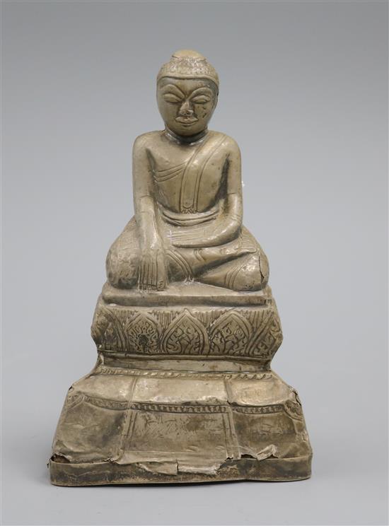 A Burmese silver overlaid wood figure of Buddha, 19th century